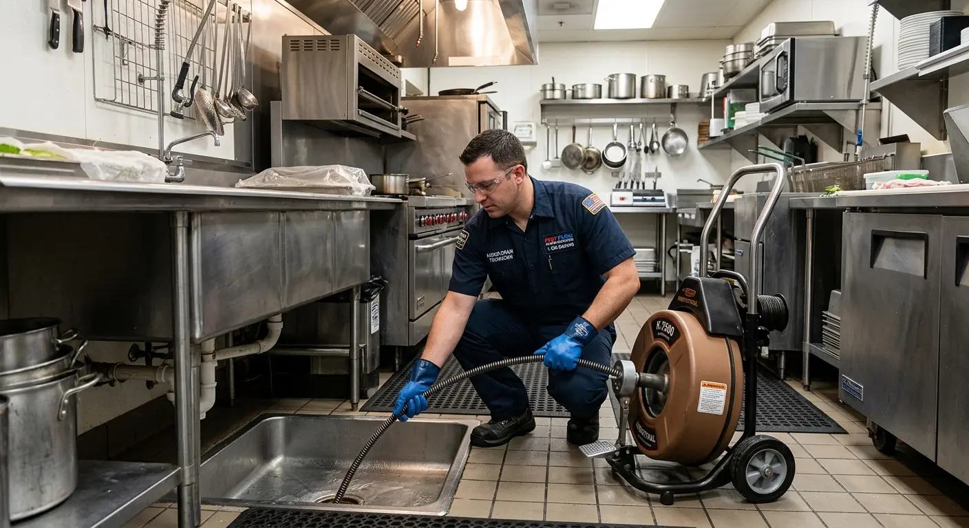 Commercial drain cleaning service in a restaurant kitchen in New Haven