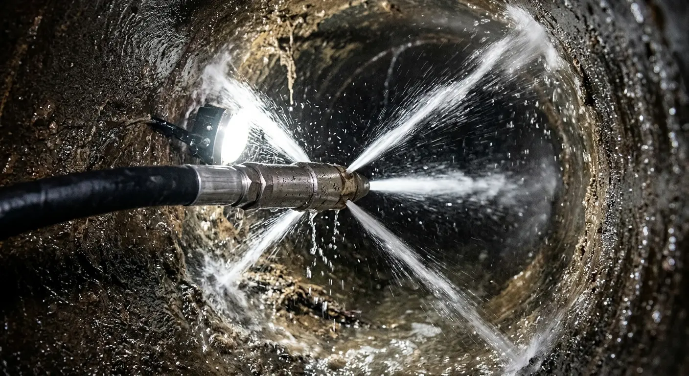 High-pressure hydro jetting nozzle cleaning sewer pipe for Trenchless Sewer Repair in New Haven