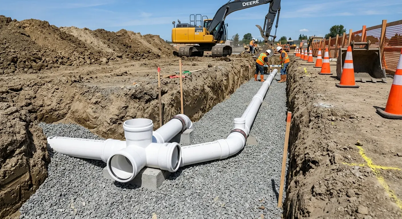 New PVC sewer pipe installation in open trench for Sewer Backup in New Haven
