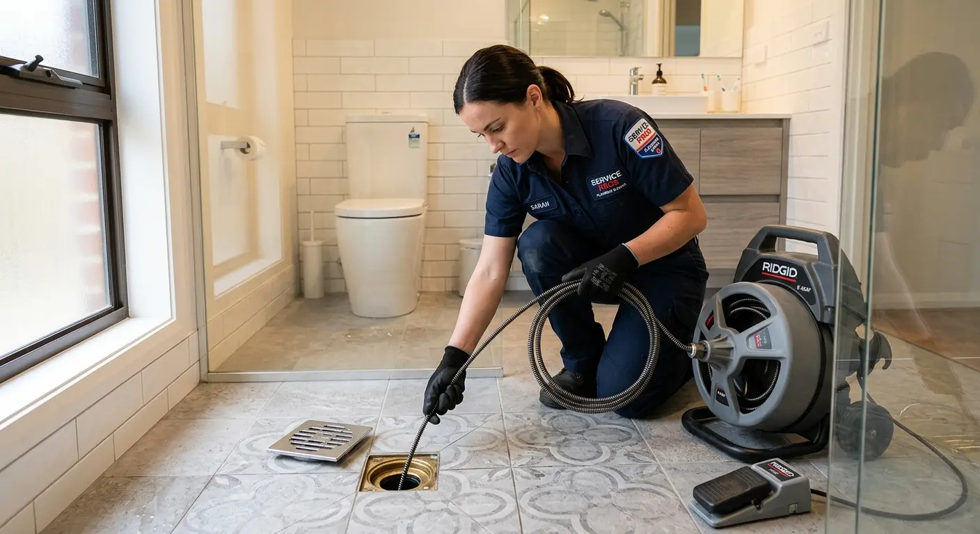 Technician clearing a bathroom floor drain for Drain Repair in New Haven